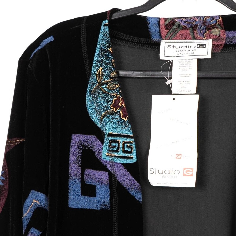 Studio G Velvet Open Front Cardigan Jacket L Abstract Vases Black Long Casual - Picture 2 of 5